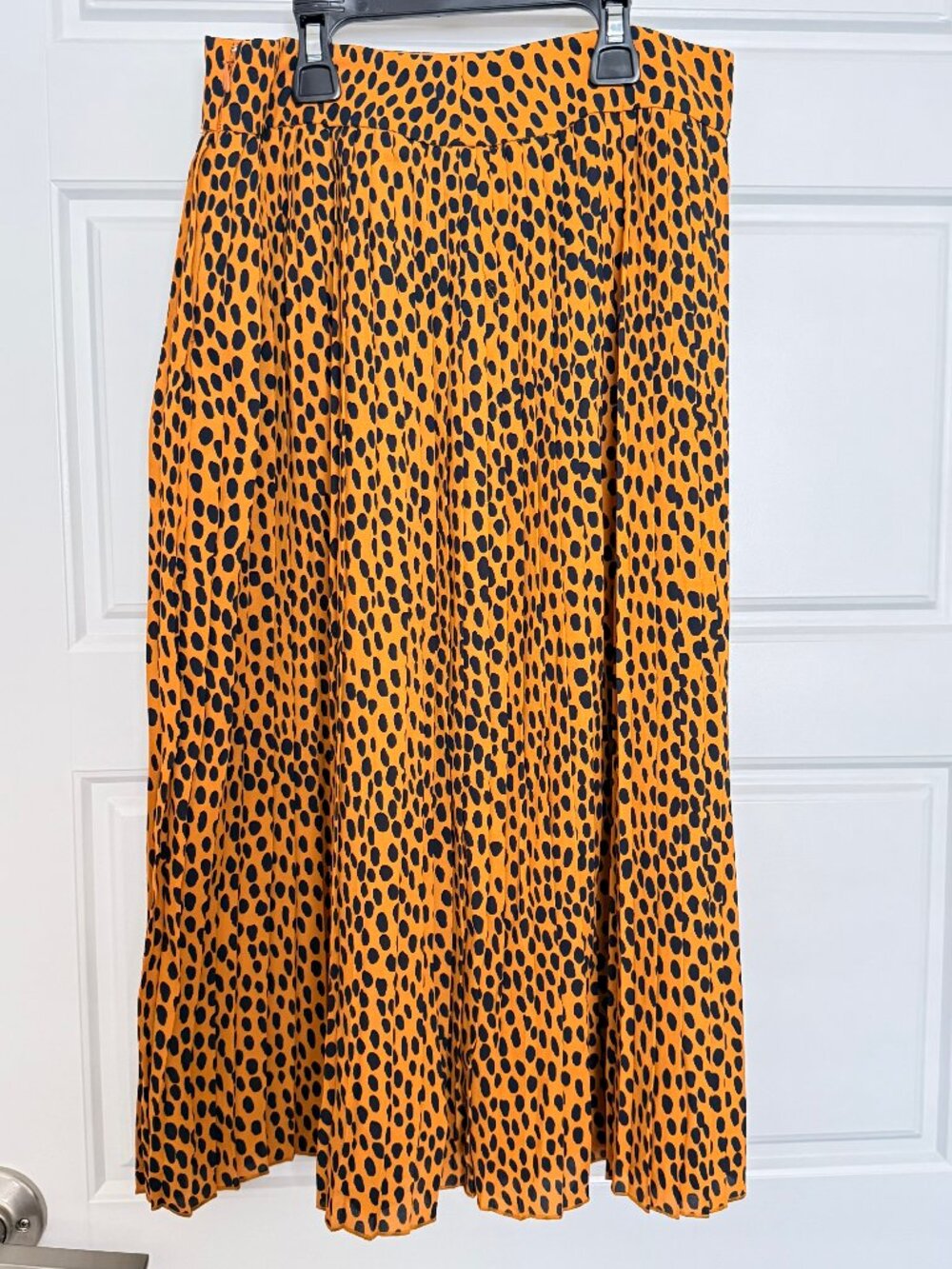 J. Crew mustard yellow and black dotted animal print pleated midi skirt